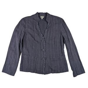 J. Jill Linen Blend Denim Jacket Blazer Dark Blue Fringe Pockets Buttons Size 10